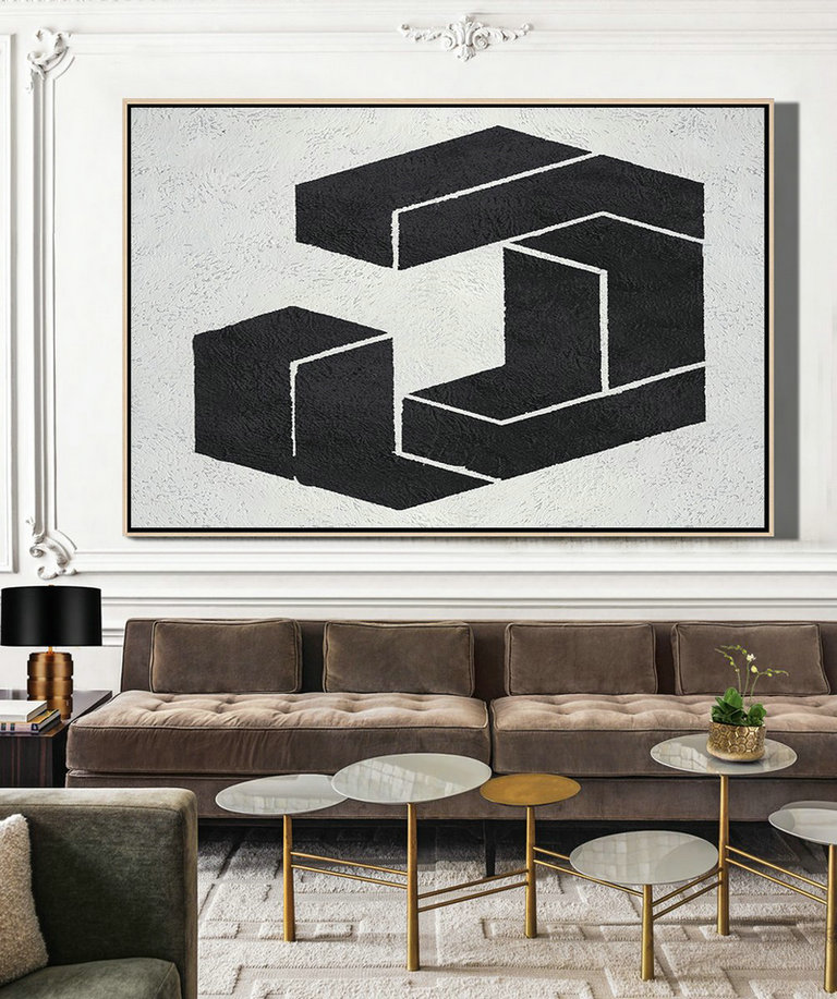 Huge Canvas Art On Canvas,Oversized Horizontal Minimal Art On Canvas, Black And White Geometric Minimalist Painting - Giant Canvas Wall Art